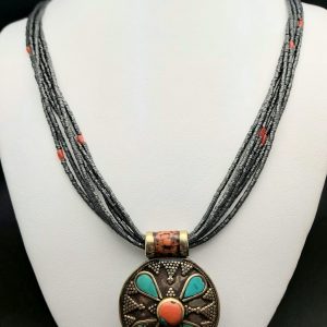 Item 201NH Hematite multistrand with Tibetan Pendant