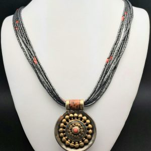 Item 201NH Hematite multistrand with Tibetan Pendant